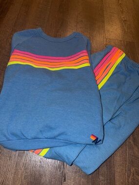 Blue Sweatpants Set with Neon Stripe Detail